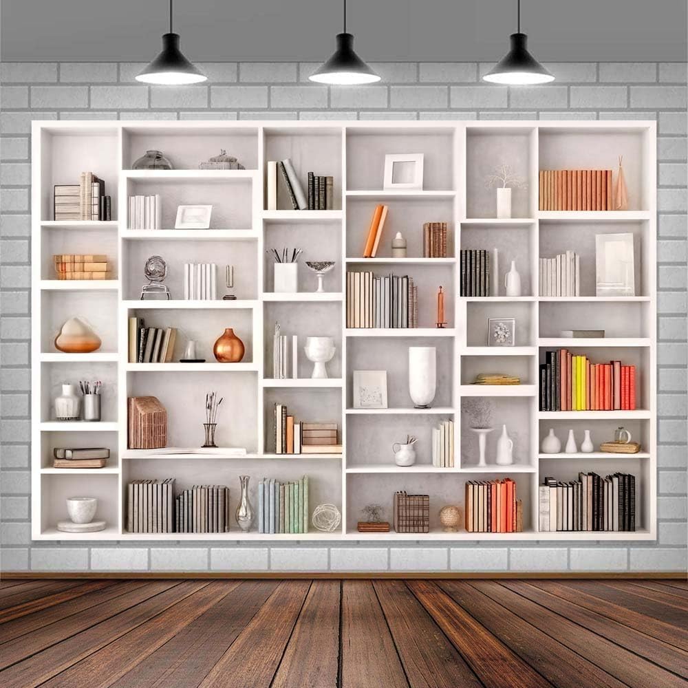 Xguatan 7x5ft White Bookshelf Backdrop Office Home Bookcase Photography Backdrop Decoration for Video Conference, Zoom