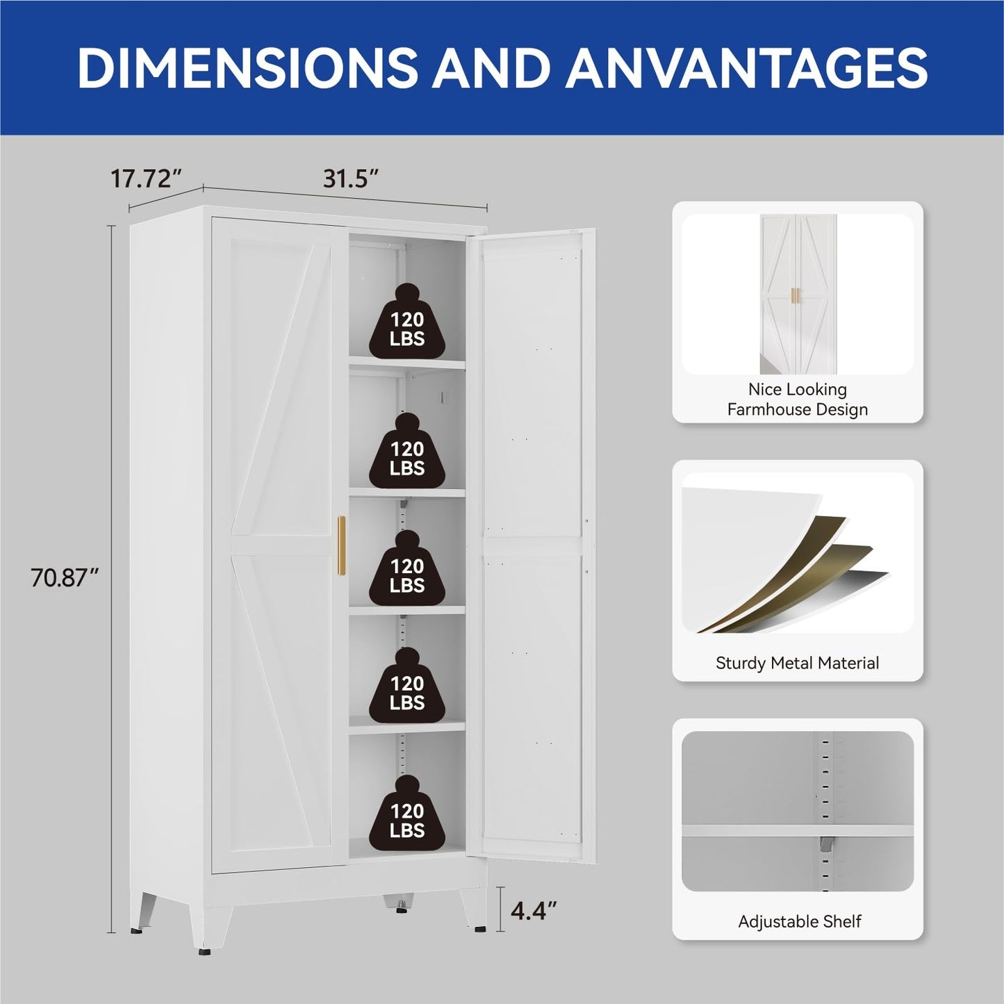 COFaR Metal Wardrobe Closet with Doors, 71'' Tall Steel Bedroom Armoire with Adjustable Hanging Rod and Shelves, Broom Closet Storage Cabinet for Garage Laundry Office, Farmhouse White