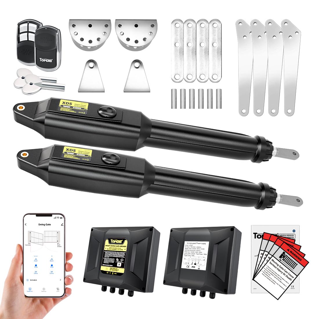 TOPENS XD552 Smart Gate Opener for Medium Duty Dual Swing Gates Up to 18ft per Arm, Automatic Gate Opener with App Control AC Powered Remote Control Kit Solar Compatible
