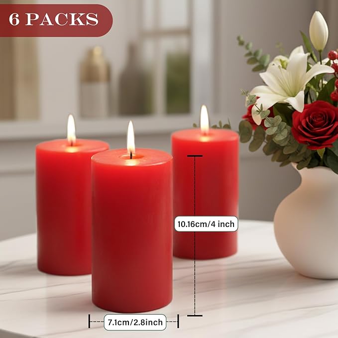 Red Pillar Candles - 6 Packs, 2.8x4 Inch, Unscented Pillar Candles Bulk, 56 Hours Long Burning Candles, Dripless & Smokeless Large Red Candles for Holiday Decor, Fireplace, Christmas,Advent