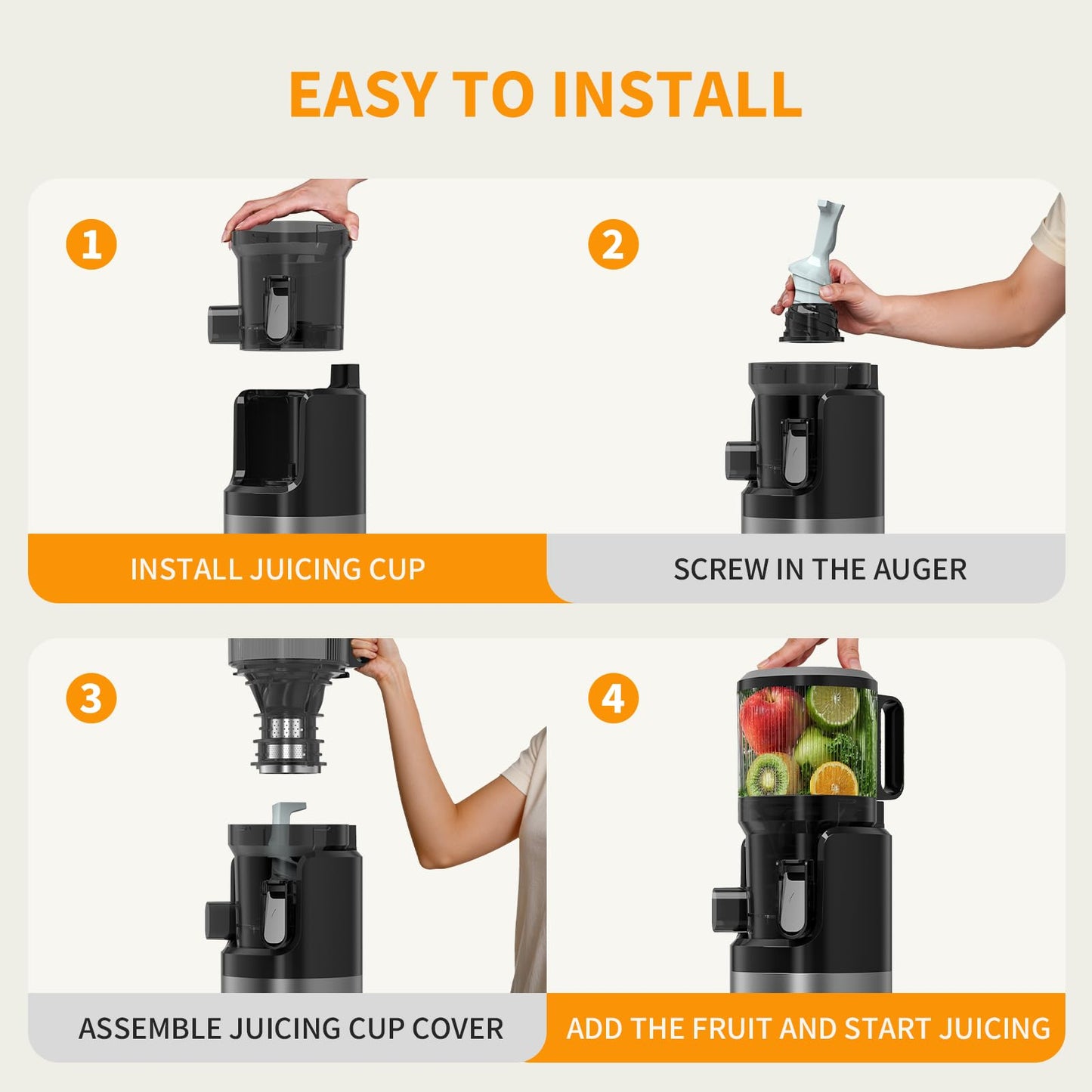 XTKKGFBIR Cold Press Juicer, 400W Masticating Juicer with 6" Extra-Large Feed Chute, 55RPM Slow Juicer, High Juice Yield, Easy to Clean, for Whole Fruits, Vegetables, Nut Milk & Sorbet, 1.8L Capacity