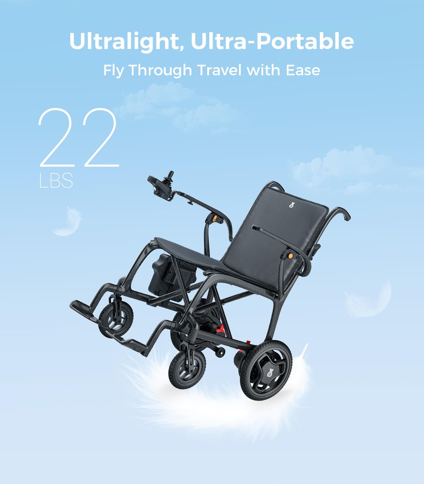 22lbs Lightest Folding Electric Wheelchair, 100% Carbon Fiber, Portable Electric Wheelchair for Adults, Lightweight Power Wheelchair with LED Light, Airline Approved for Travel