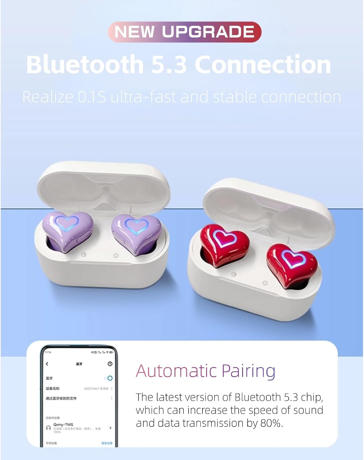 5.3 Yoidesu Earbuds Stylish Heart Shaped, HiFi Stereo Sound Bluetooth Headphones with Charging Case, Cute Creative
