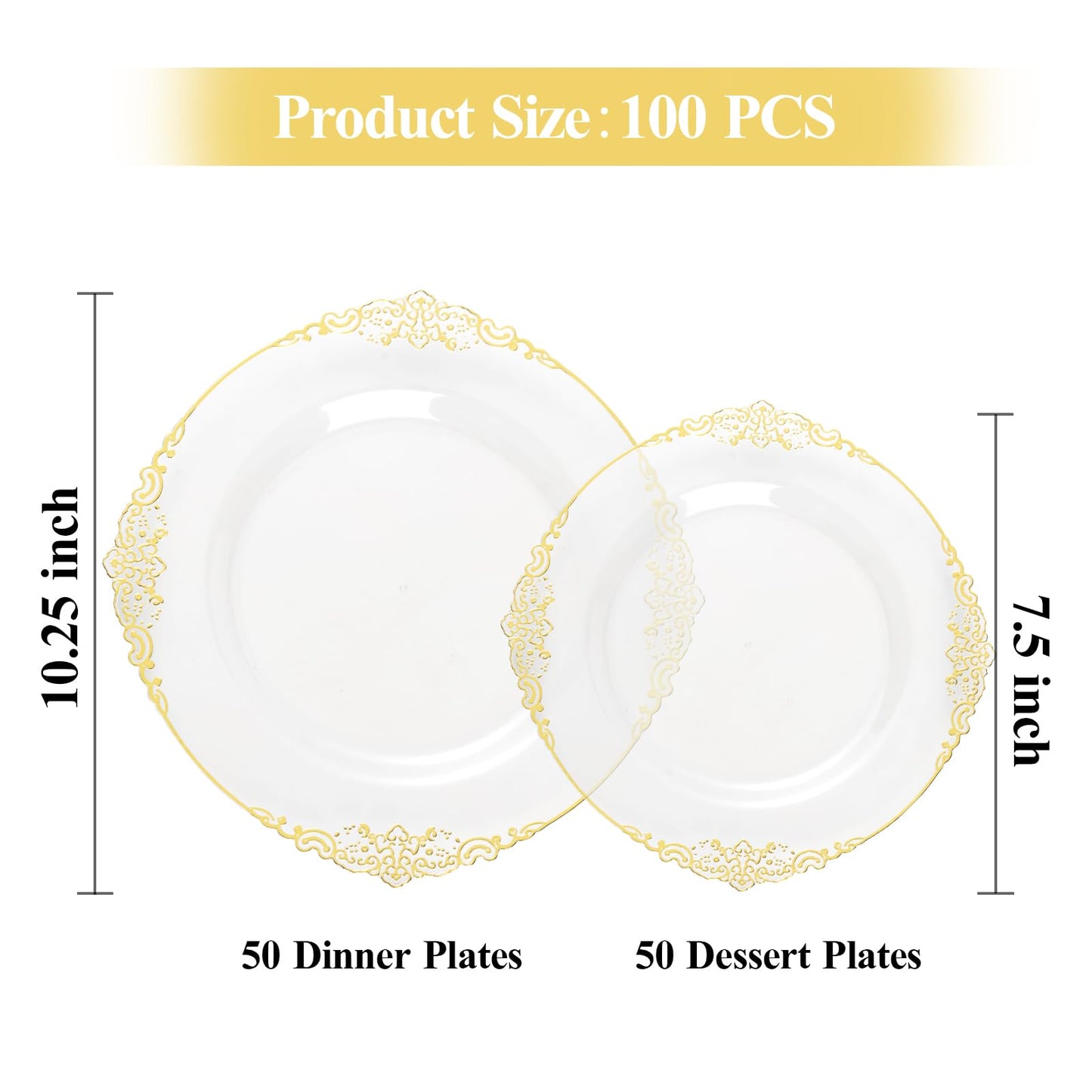 Bestluck 100 PCS Clear and Gold Plastic Plates for 50 Guests, Clear Disposable Plates Include 50 PCS Dinner Plates, 50 PCS Dessert Plates for Party, Wedding