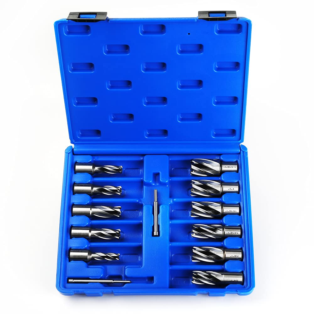 OSCARBIDE Annular Cutter Set 13pcs,1" Cutting Depth,3/4" Weldon Shank, 7/16 to 1-1/16 inch Cutting Diameter Mag Drill Bits for Magnetic Drill Press with 2 pcs Pilot Pins