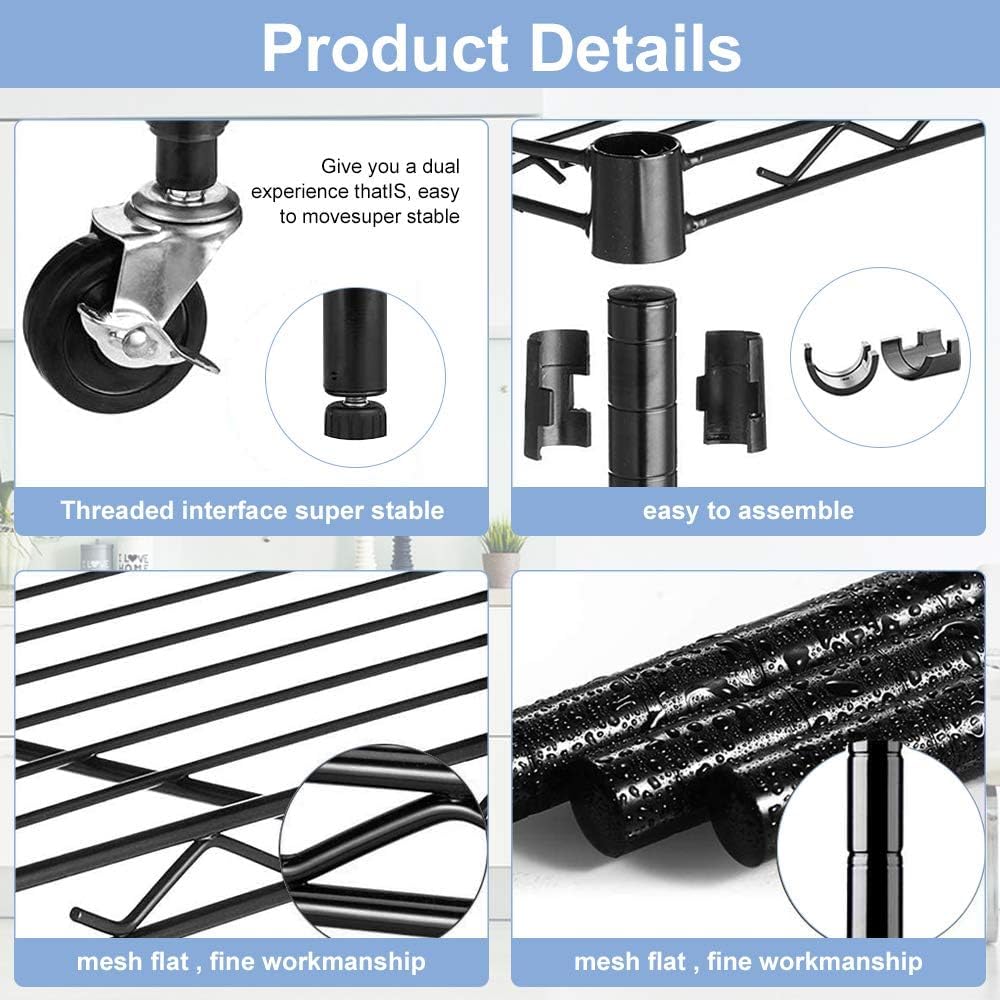 Generic 6-Tier Storage Shelves Wire Shelving with Wheels Heavy Duty Metal Shelves Tall Steel Shelving Units Adjustable 6000lbs Capacity Rolling Shelf Racks for Restaurant Garage Pantry Kitchen, Black