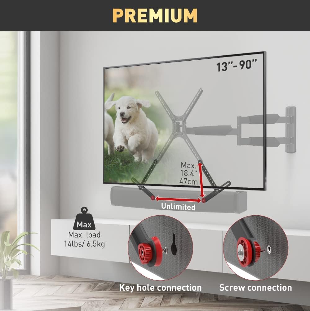 Barkan 13-80 inch, 14 lbs, Soundbar Mount, Adjustable Bracket for Mounting Above or Under The TV, Sizes Fits Most