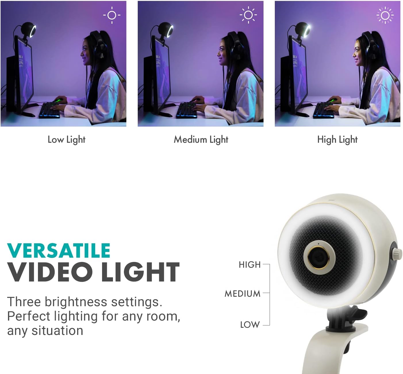 Movo 1080p WebMic HD Pro All-in-One Webcam with Mic and Ring Light in Pearl White- HD Camera, Pro Cardioid Condenser