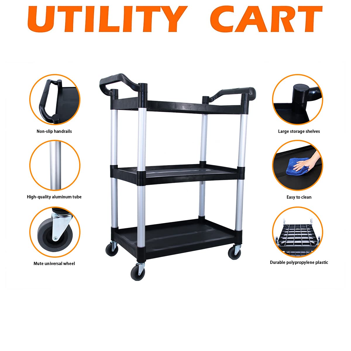 Abacad Plastic Utility Cart with Wheels Lockable, Heavy Duty Restaurant Cart, Service Cart for/Home/Office/Warehouse/Kitchen/Workshop,390 Lbs,2 Handles, Black.