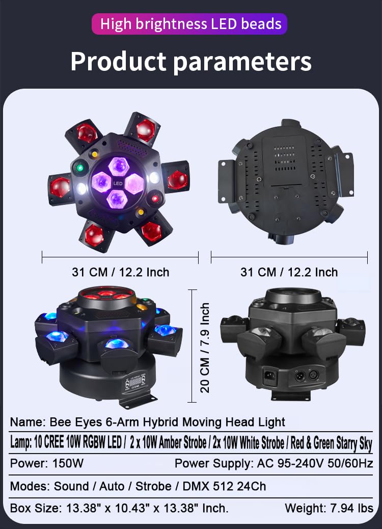 Flashback Events 150W Moving Head DJ Light – 6-Arm Spider Beam & Bee-Eye Wash Hybrid + Red/Green Laser & Amber Strobe – DMX512 & Remote Control for Wedding Stage Party Lighting