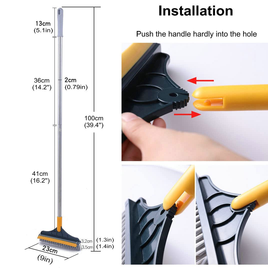 2 in 1 Cleaning Scrub Brush Grout Brush Scrape Floor Scrub Brush with Long Handle V-Shape Stiff Bristle Brush Scrubber with Squeegee 120°Rotating Shower Scruber for Cleaning Bathroom Glass Wall