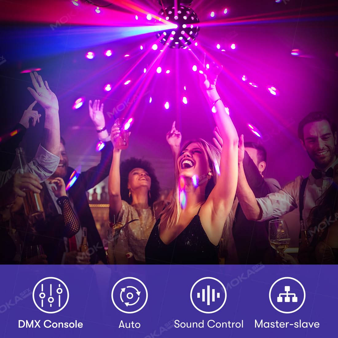MOKA SFX LED Moving Head Sphere Light 6-in-1 RGBWA+UV Infinite 360° Rotating Magic Ball Effect Light with DMX512, Sound Active for DJ, Club, Party, Wedding, Stage Disco Lighting