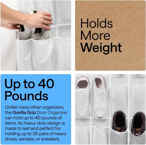 GORILLA GRIP Over The Door Shoe Organizer - 35 Large Breathable Mesh Pockets | Space-Saving Storage 68.5H x 24.5W White