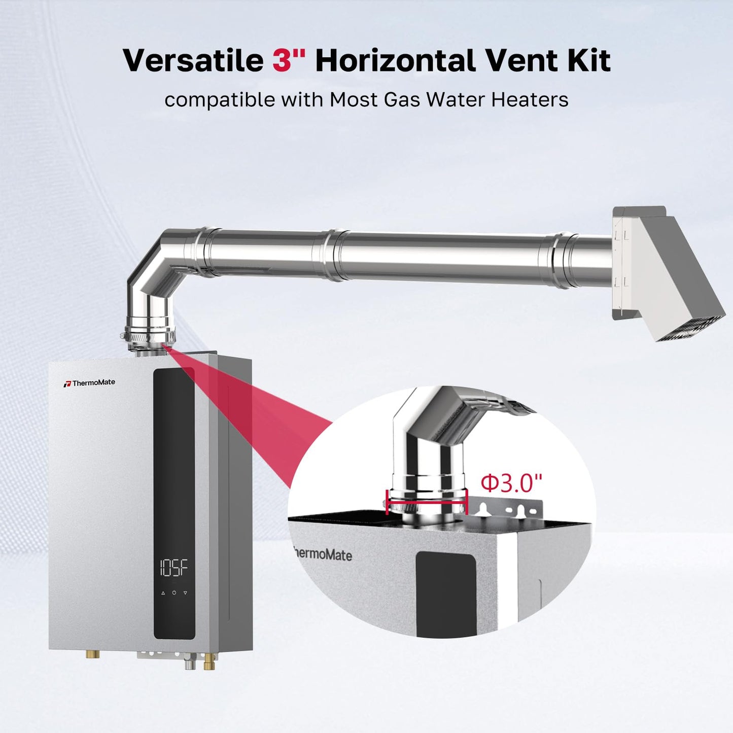 Thermomate 3" Vent Pipe Kit, Universal 3 Inch Stainless Steel Horizontal Vent Kit for Most Gas Tankless Water Heaters, Includes Termination Hood, 90° Elbow, Vent Pipes, Wall Thimble