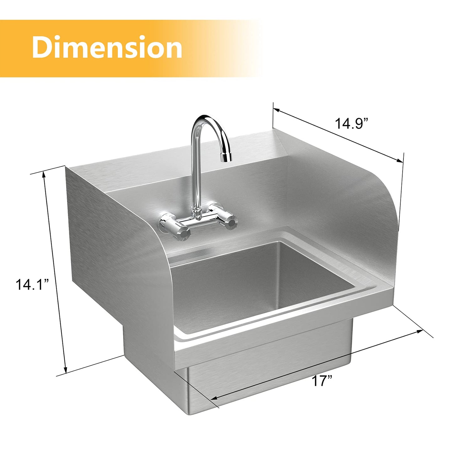 Bonnlo Upgraded Commercial Hand Wash Stainless Steel Prep/Bar Sink with Side Splash Guard - Wall Mount Utility Sink Hand Washing Basin with Faucet for Commercial Restaurant RV Kitchen