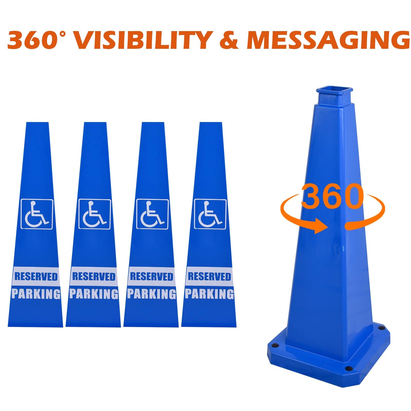 OranclUS 6 Pack 36 Inch 4-Sided Safety Cone, “ADA Reserved Parking” Blue Traffic Cone, Extra Tall High Visibility Durable PVC Stackable Safety Cones (6, Blue-ADA Reserved Parking, 36inch Printed)