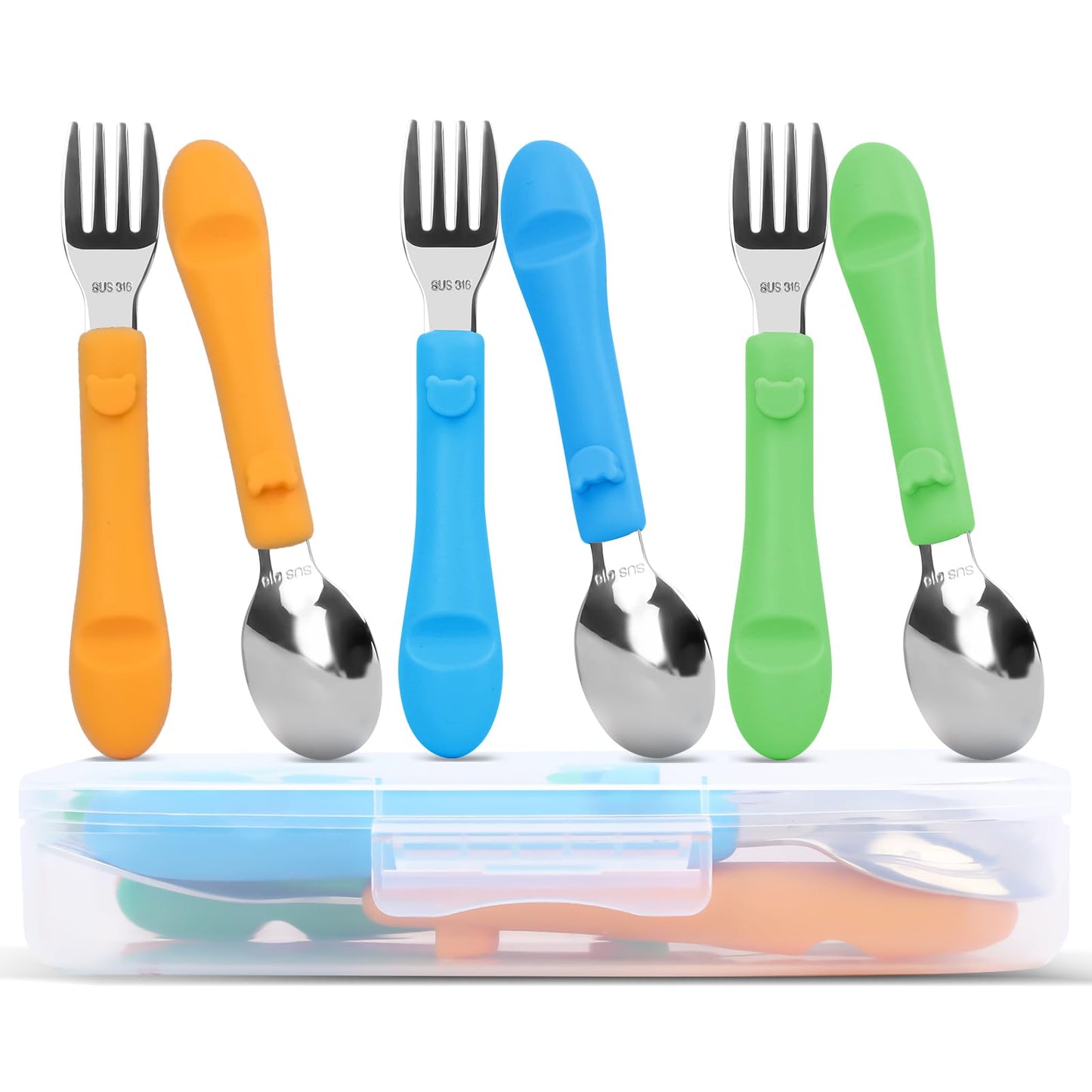 Bakpoco 6PCS Toddler Utensils, 316 Stainless Steel Baby Safe Forks + Spoons with Silicone Handle, BPA Free Dishwasher Safe Kids Silverware Cutlery with Box, Bright Orange/Blue/Green