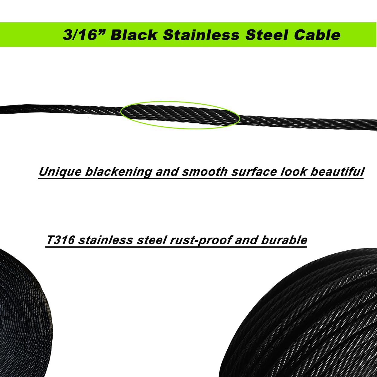 Sowtowe 3/16" Black Wire Rope, 150ft Aircraft Cable, T316 Stainless Steel, 7 x 7 Strand Construction, for Deck Cable Railing Hardware Kit
