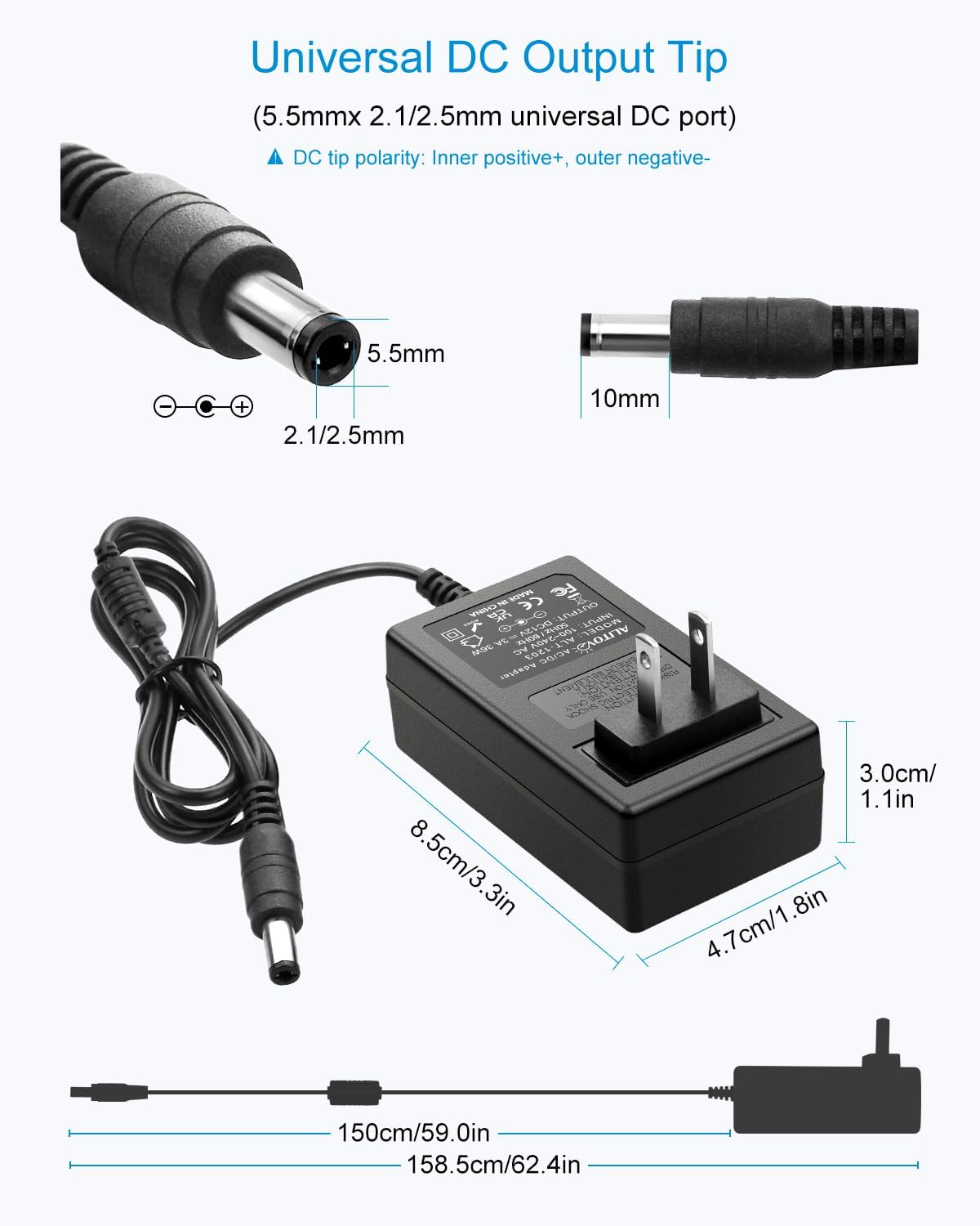 ALITOVE 12V 3A 12 36W 2.5A 2A 1.5A 1A Replacment 4.92Ft 10 Power Supply DC Volt AC Adapter Power Cord Converter