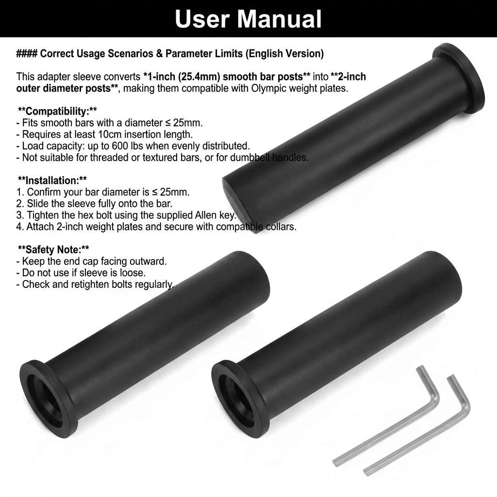 QWORK Adapter Sleeves 1" to 2" – 8" Length, 2 Pairs, 600 lbs Load, Locking Bolt & Caps for Racks, Bars & Plates