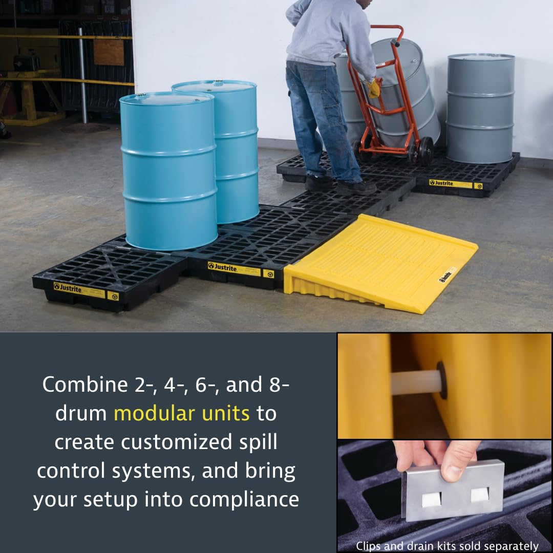 Justrite Low Profile 1 Drum Spill Containment Pallet Accumulation Center - 5.5" Tall - 12 Gal Capacity for 55 Gallon Drum Containment - Made in The USA from 30% Recycled Polyethylene - Yellow - 28652