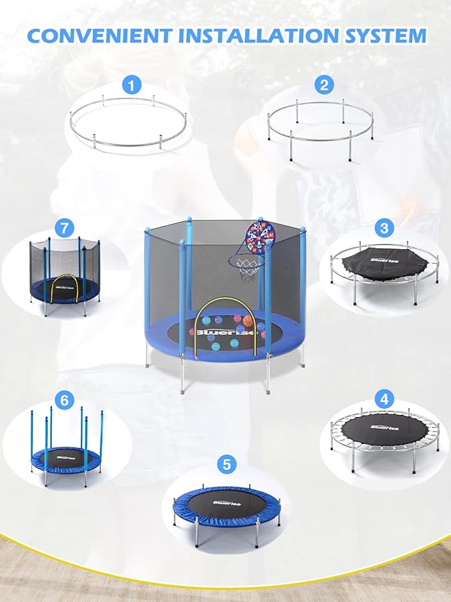 BLUERISE Trampoline 55IN 6FT Toddler Trampoline for Kids Indoor Outdoor Play for Kids Trampoline Basketball Hoop Attachment with Enclosure Net Easy to Assemble Outdoor Indoor Trampoline