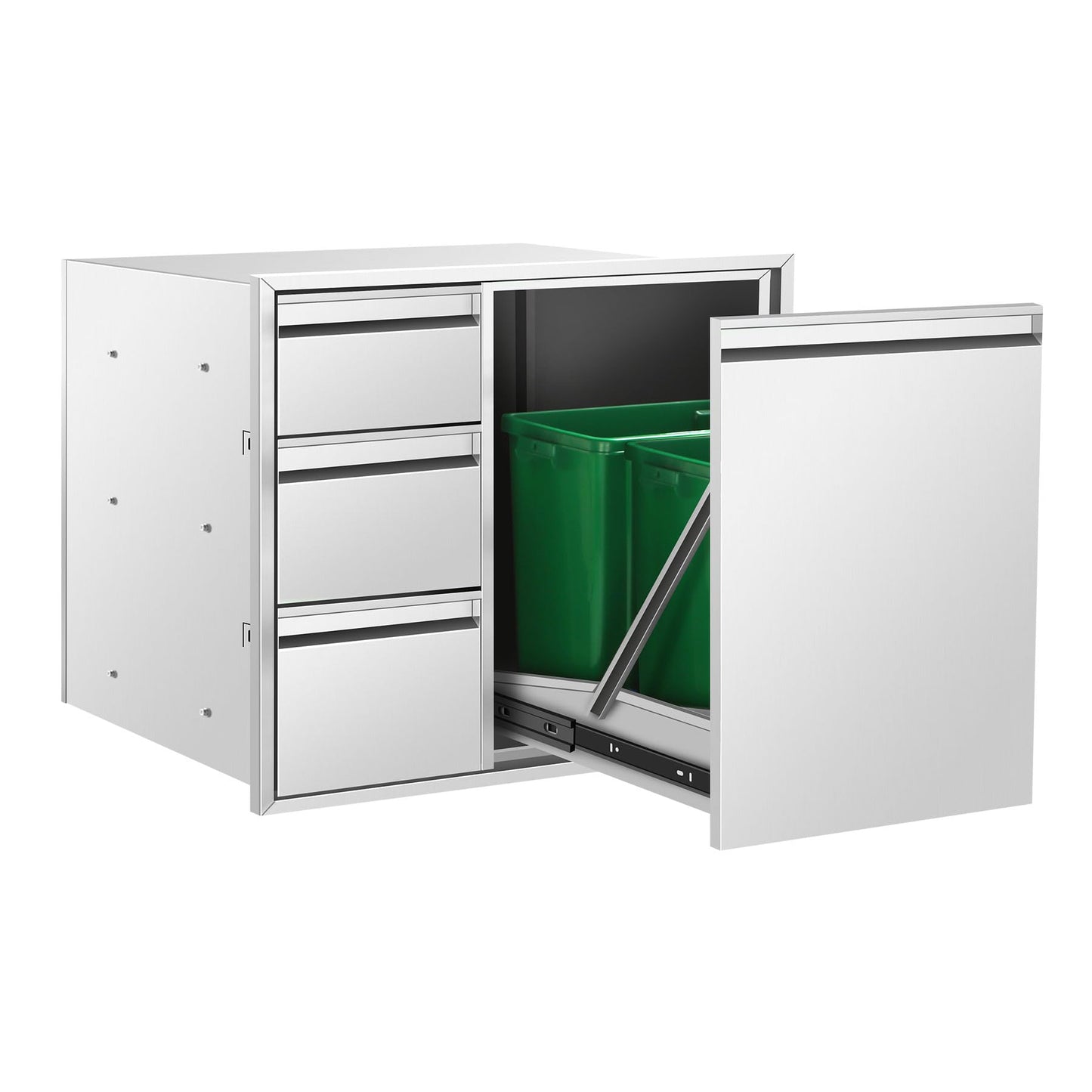 POPMOON Outdoor Kitchen Drawer Combo with Triple Drawers & Trash Bin Compartment | Includes 2X 20L Trash Cans | Outdoor Kitchen Access Drawers for Grill Station, 28" W x 22" H x 19" D