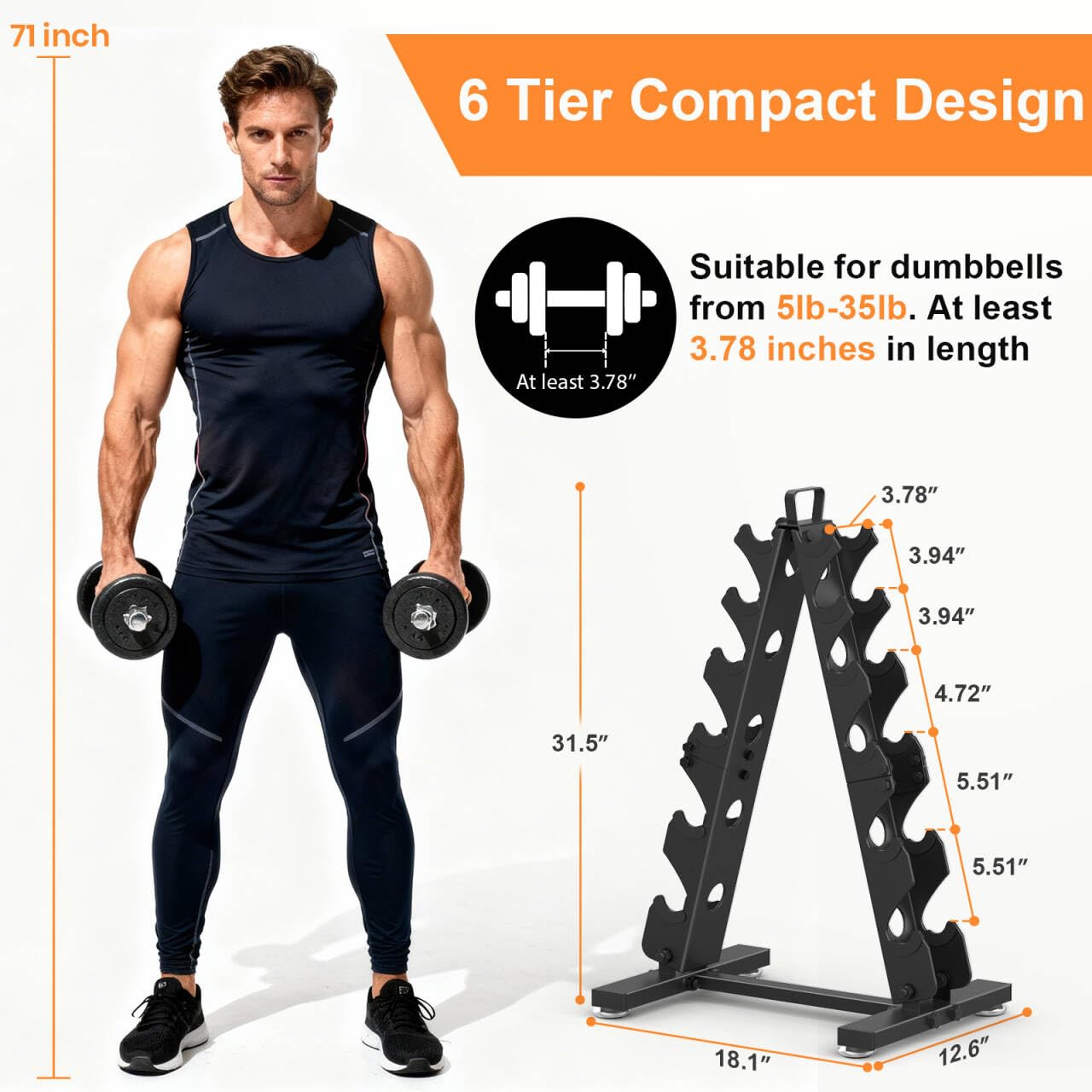 TomCare 6 Tier Dumbbell Rack Stand Only, Weight Rack for Home Gym Metal Compact A-Frame Dumbbell Stand for Dumbell Set (5-35 LB), Weight Storage Holder with Handle (Dumbells not Included)