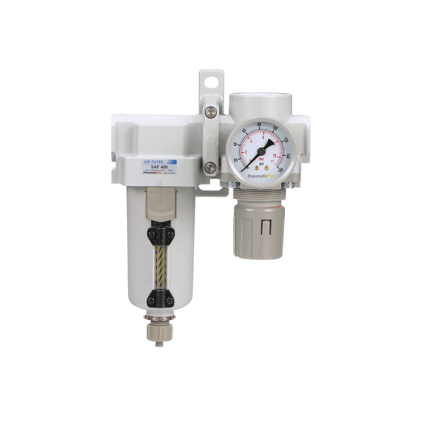 PneumaticPlus SAU420-N04G-MEP Compressed Air Filter Regulator Combo 1/2" NPT - Metal Bowl, Manual Drain, Bracket, Gauge