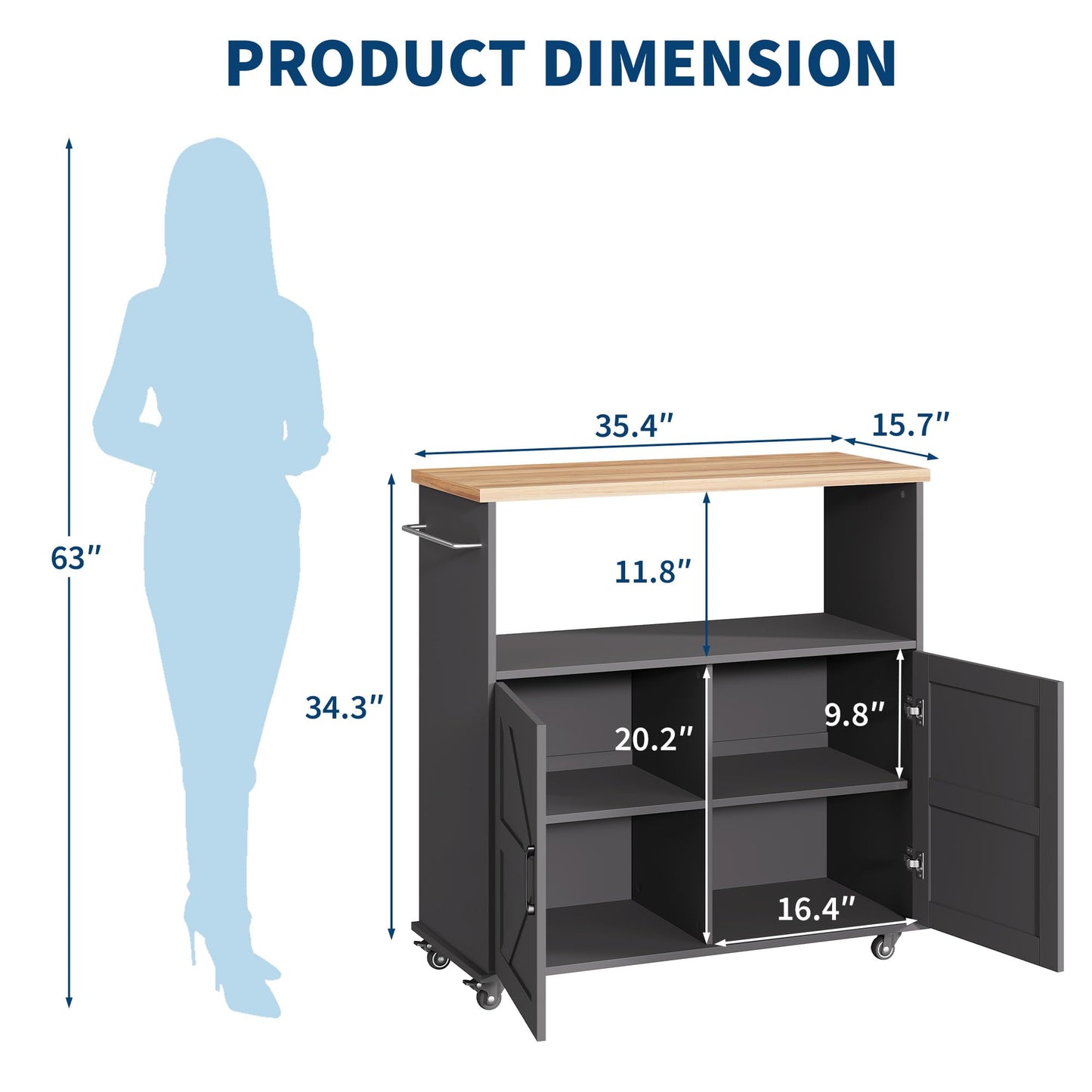 GarveeLife Rolling Kitchen Island with Storage Cabinet, 40.4'' Width Kitchen Cart, Portable Mobile Kitchen Island with Towel Rack, Wood Top and Lockable Wheels for Kitchen, Dining Room