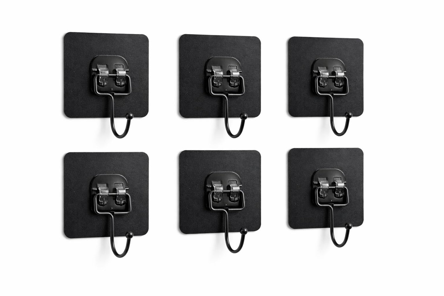 Black Metal Adhesive Wall Hooks Light Duty 6-Pack, No Drill Waterproof Sticky Hooks for Bathroom Kitchen Garage, Strong Wall Hooks for Towels, Keys, Coat, Tools, Holds Up to 20 lbs