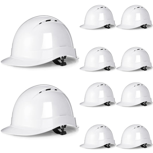 10 Pcs 6 Pt. Suspension Hard Hat Bulk Meets ANSI Z89.1 Type I Class C, Cap Style Hard Hat Ratchet Vented White Construction Helmet for Safety Man Woman