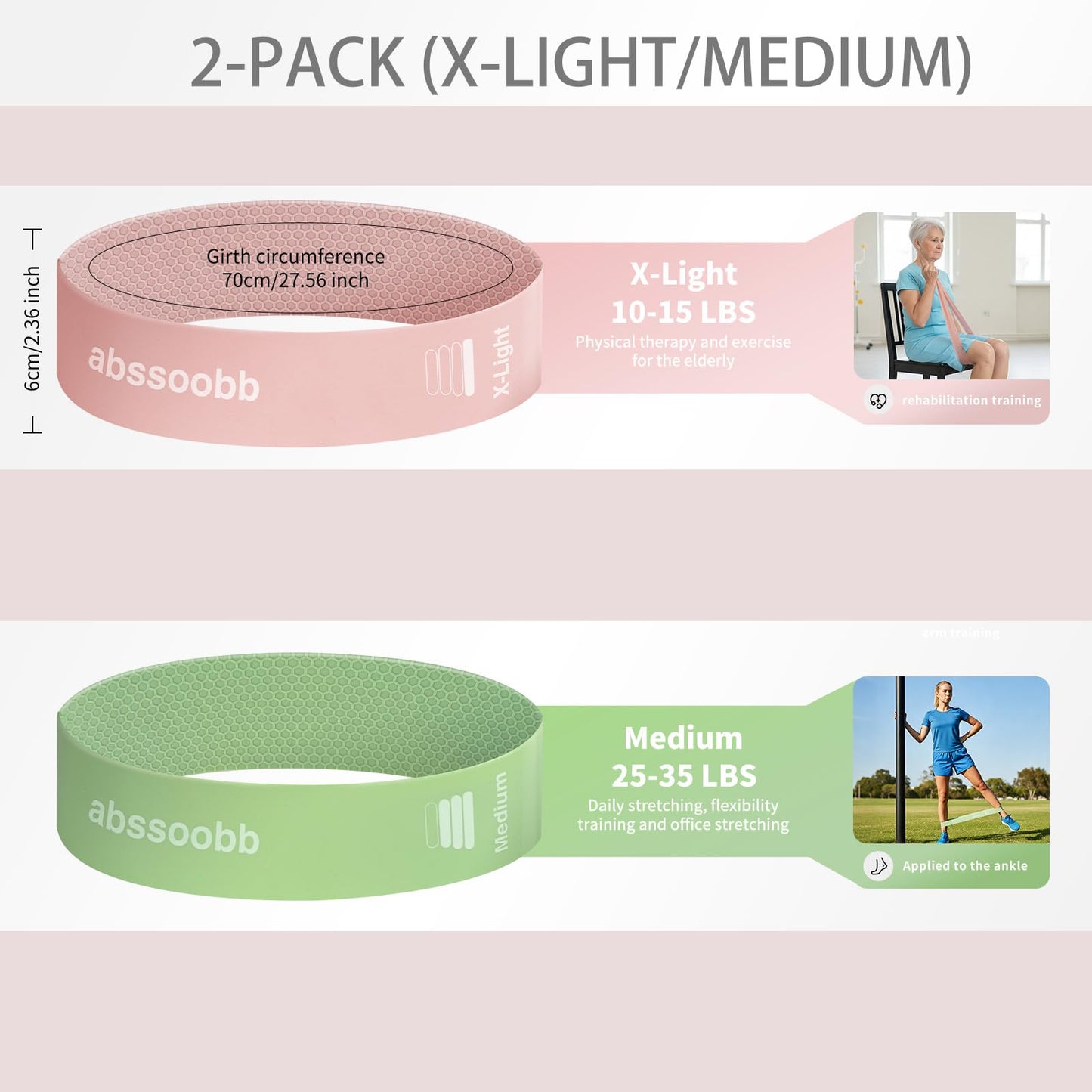 Abssoobb Silicone Resistance Loop Bands Latex-Free No-Slip Glute Booty Bands 2-Pack for Physical Therapy, Post-Op, Yoga, Pilates, Workout & Stretching