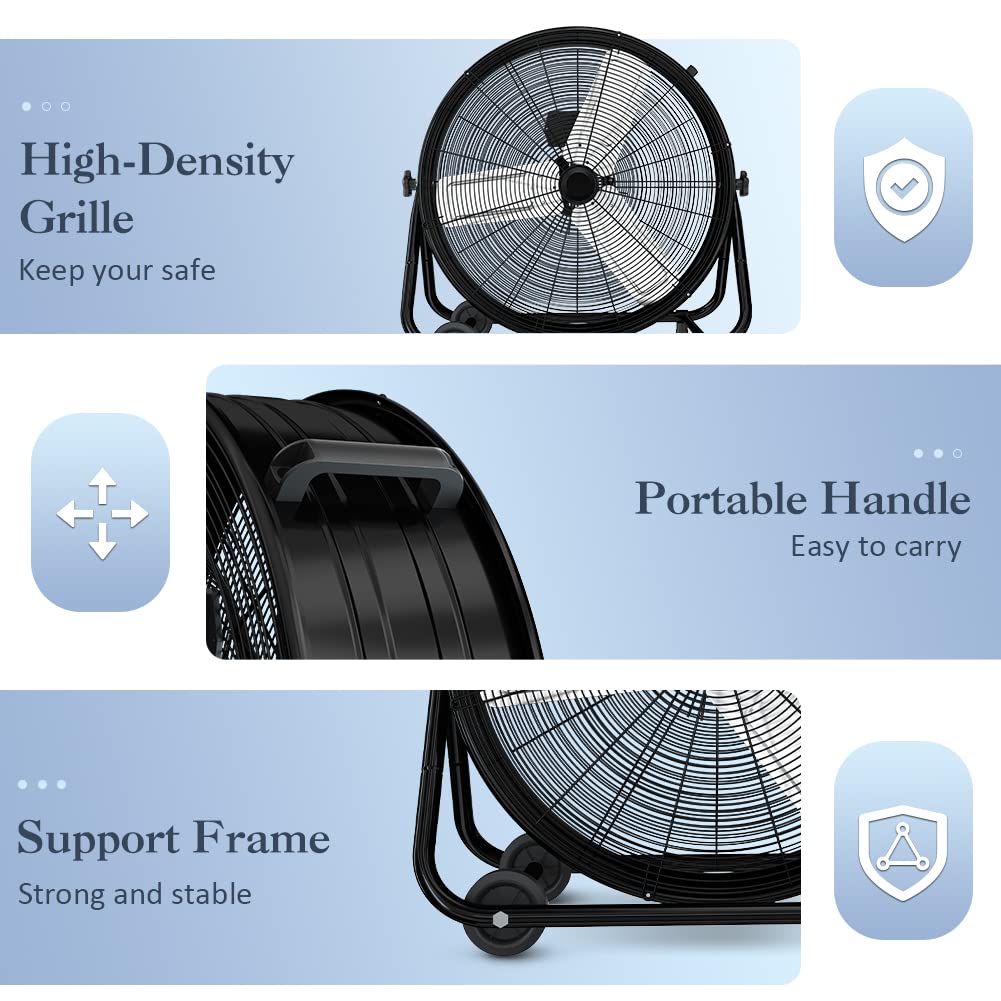 LifePlus 24 Inch Industrial Drum Fan High Velocity Floor Shop Fan 3 Speed, Heavy Duty Metal Air Circulator with Adjustable Tilt & Large Wheel for Warehouse, Garage, Factory, Patio, Barn, Black