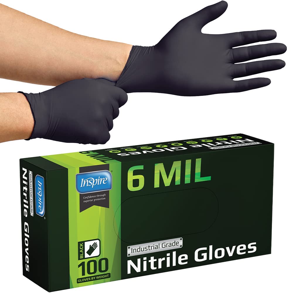Inspire HEAVY DUTY 6Mil ORIGINAL Quality Stretch Nitrile Gloves Black Disposable Latex Free | Food, Industrial, Mechanic Tattoo (6Mil Black, XL)