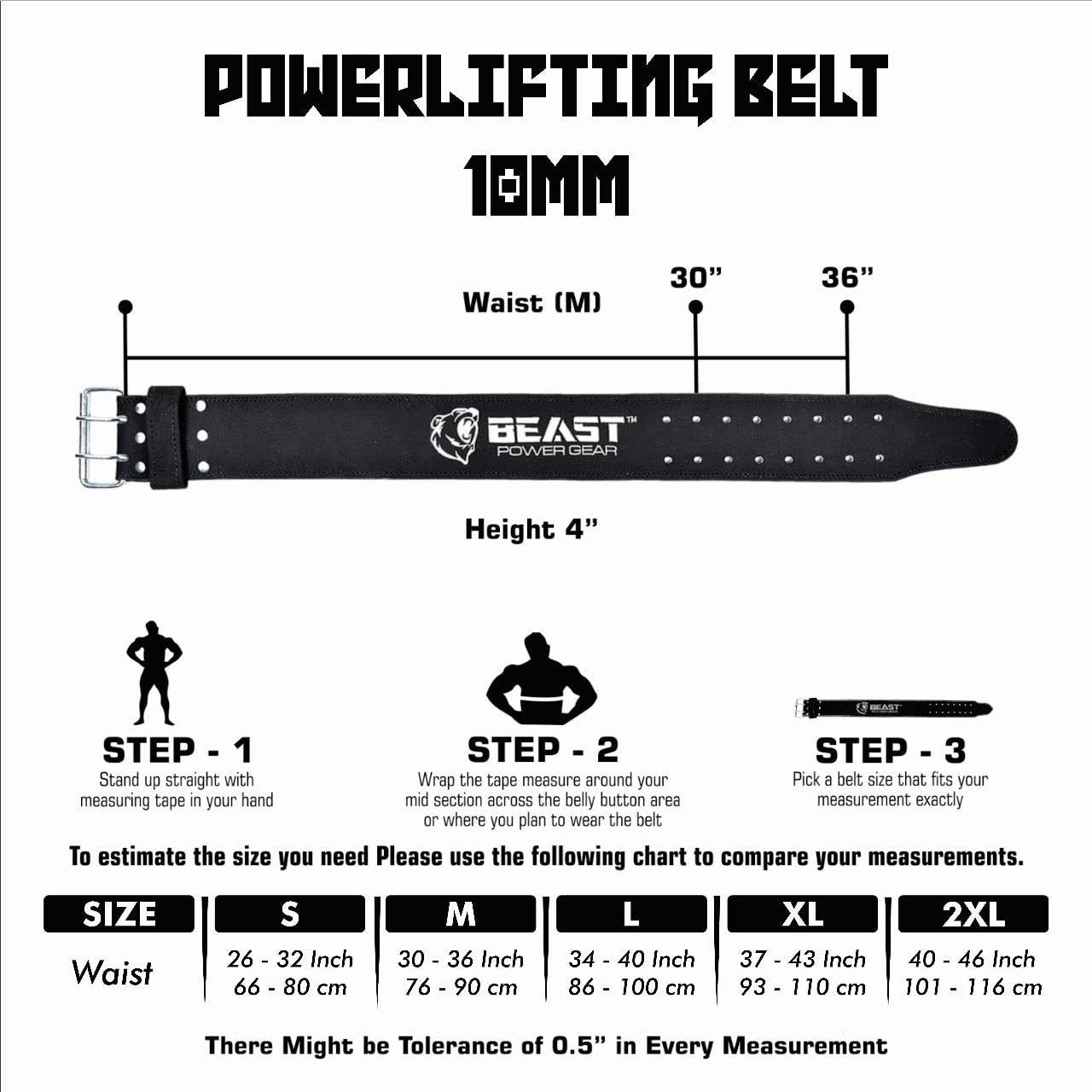 Beast Power Gear Weight Lifting Belt for Women & Men - Leather Power Belt with Back and Core Support for Weightlifting, Powerlifting, Strength Training, Squat and Deadlift Free Strap