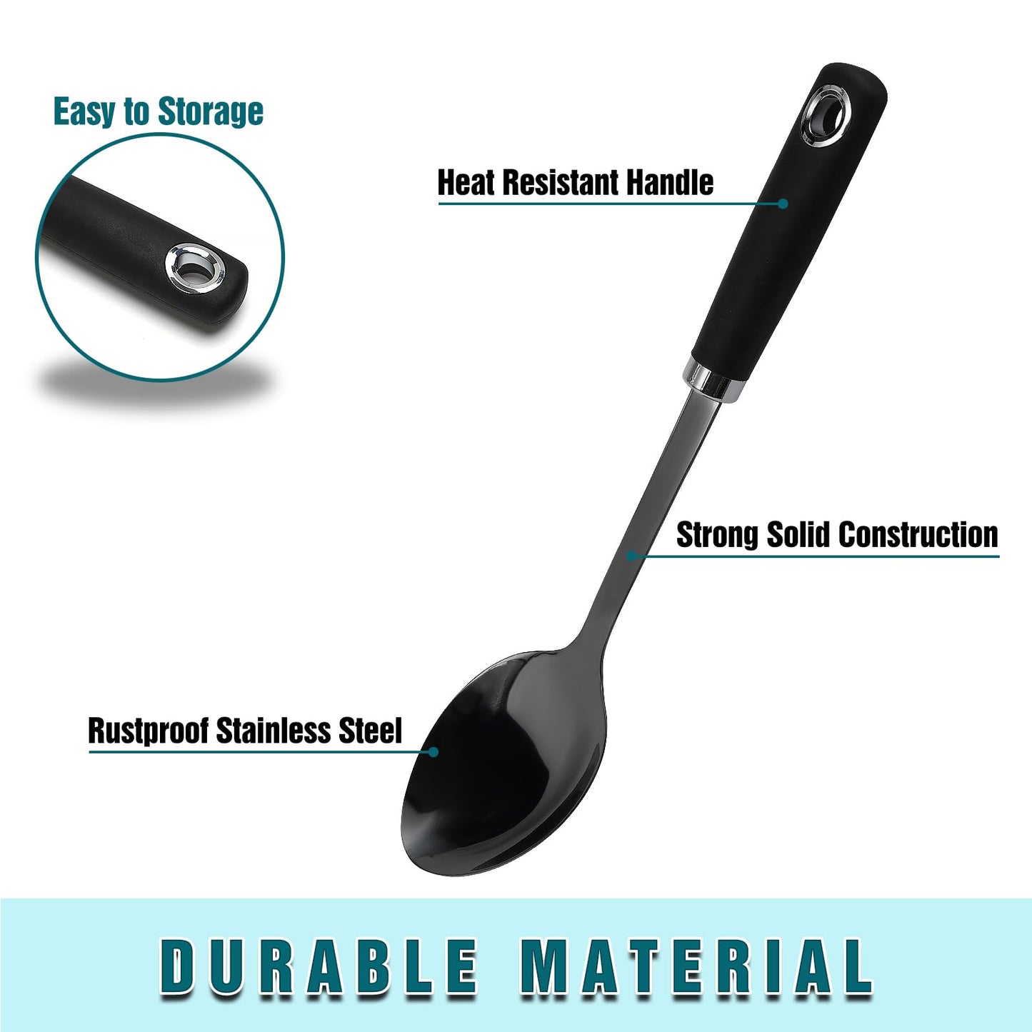 304 Stainless Steel Cooking Spoon, 14 Inch Solid Basting Spoon with Silicone Non-Slip Handle, Heavy Duty Serving Spoon for Stirring, Scooping, Mixing, Serving Soups, Sauces, Rice, Black