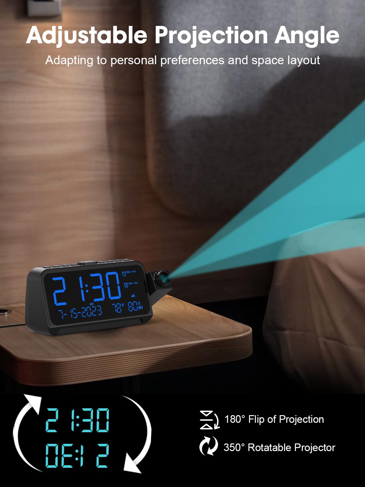 ROCAM Projection Alarm Clock for Bedroom Ceiling, Digital Clock with 180° Projector with 5-Level Dimmer, Dual Loud Alarm with Weekend/Weekday Mode, Date, Temp, Humidity, Night Light, DST, Snooze
