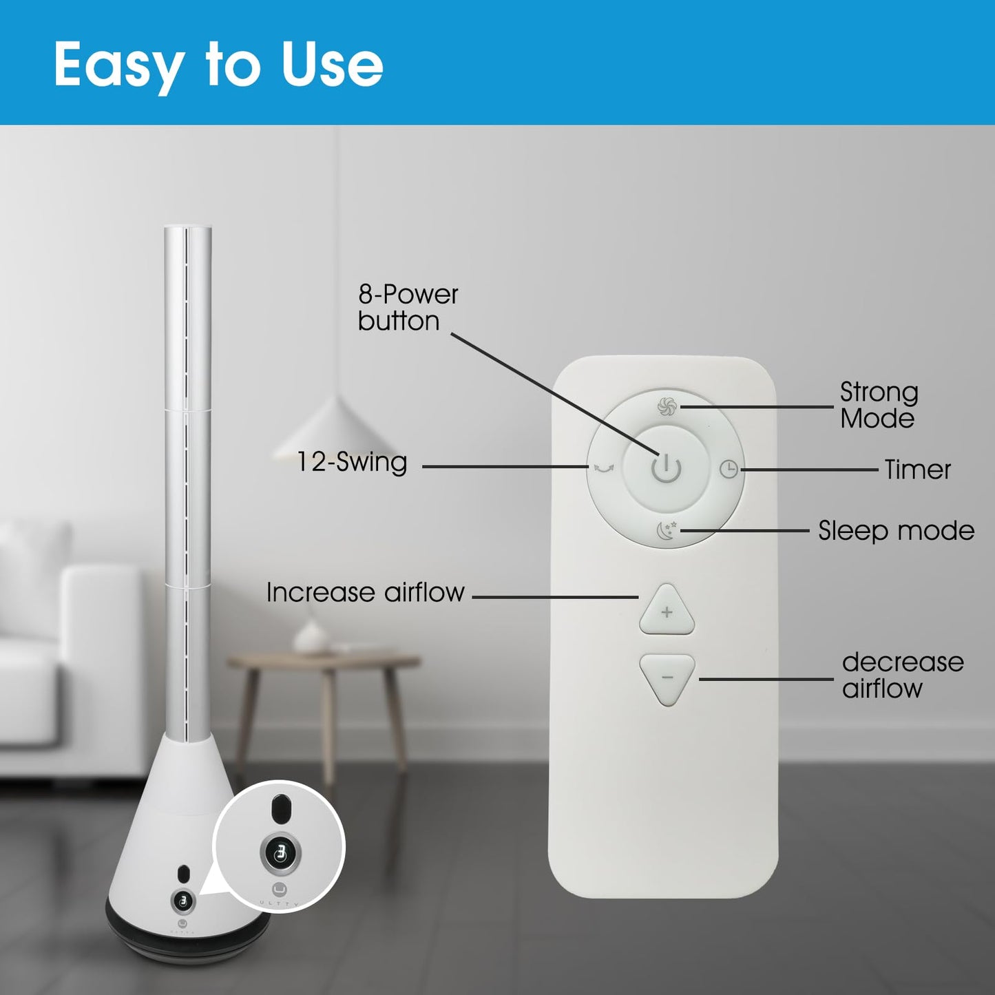 HINEIBER Bladeless Tower Fan with 9 Speeds, 80° Wide Oscillating Cooling Fan, Electric Standing Floor Fan with 8H Timer, Space-Saving Design for Bedroom Office