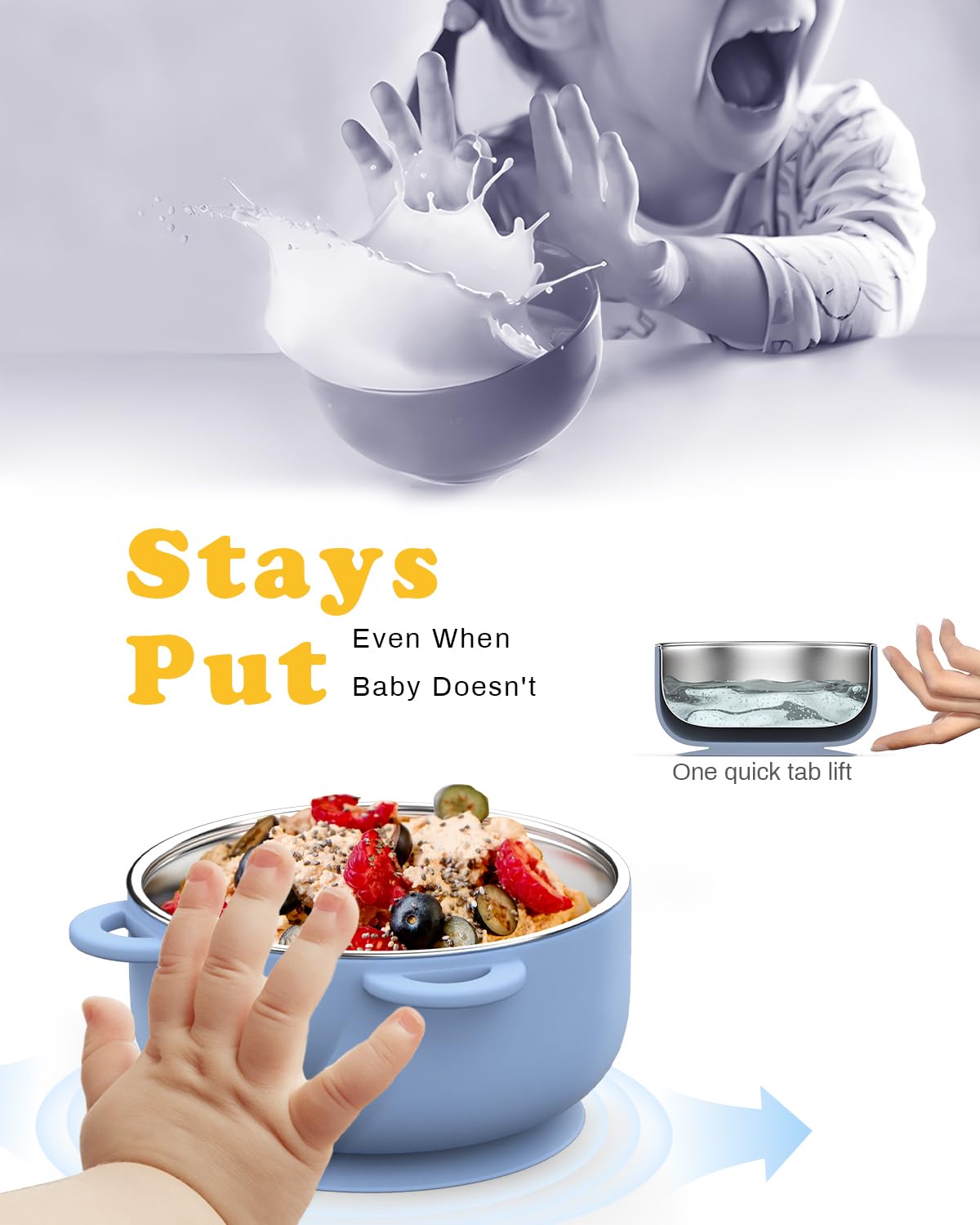 Bakpoco Toddler Feeding Suction Bowls and Utensils Set, 2-in-1 Stainless Steel 304 Kids Bowl & Silicone Suction Baby Bowl with Spoons and Forks, First Self-feeding Training Set, Sunrise Meadow