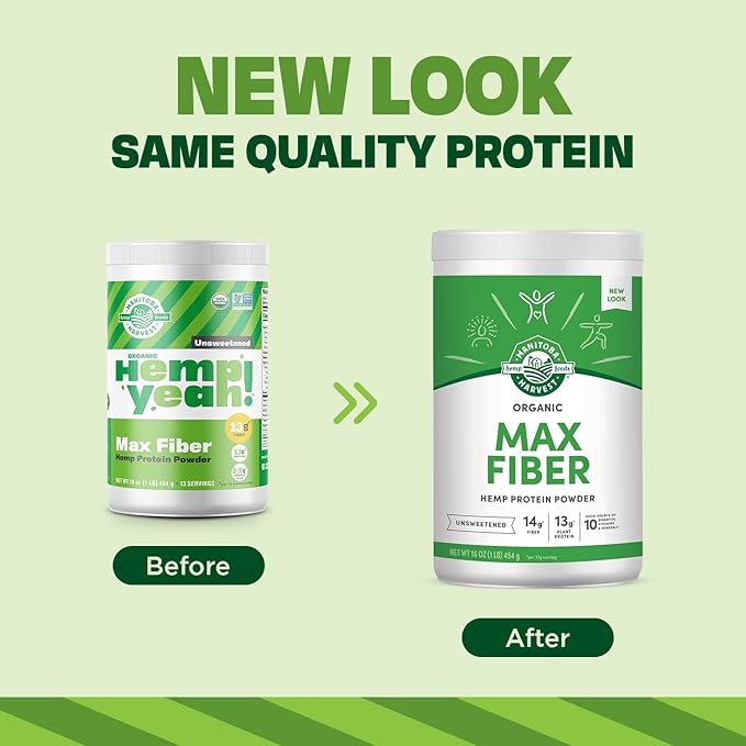 Manitoba Harvest Hemp Yeah Organic Max Fiber Protein Powder, Unsweetened, 16oz, with 13g of Fiber, 13g Protein and 2.5g Omegas 3&6 per Serving, Keto-Friendly, Preservative Free, Packaging May Vary