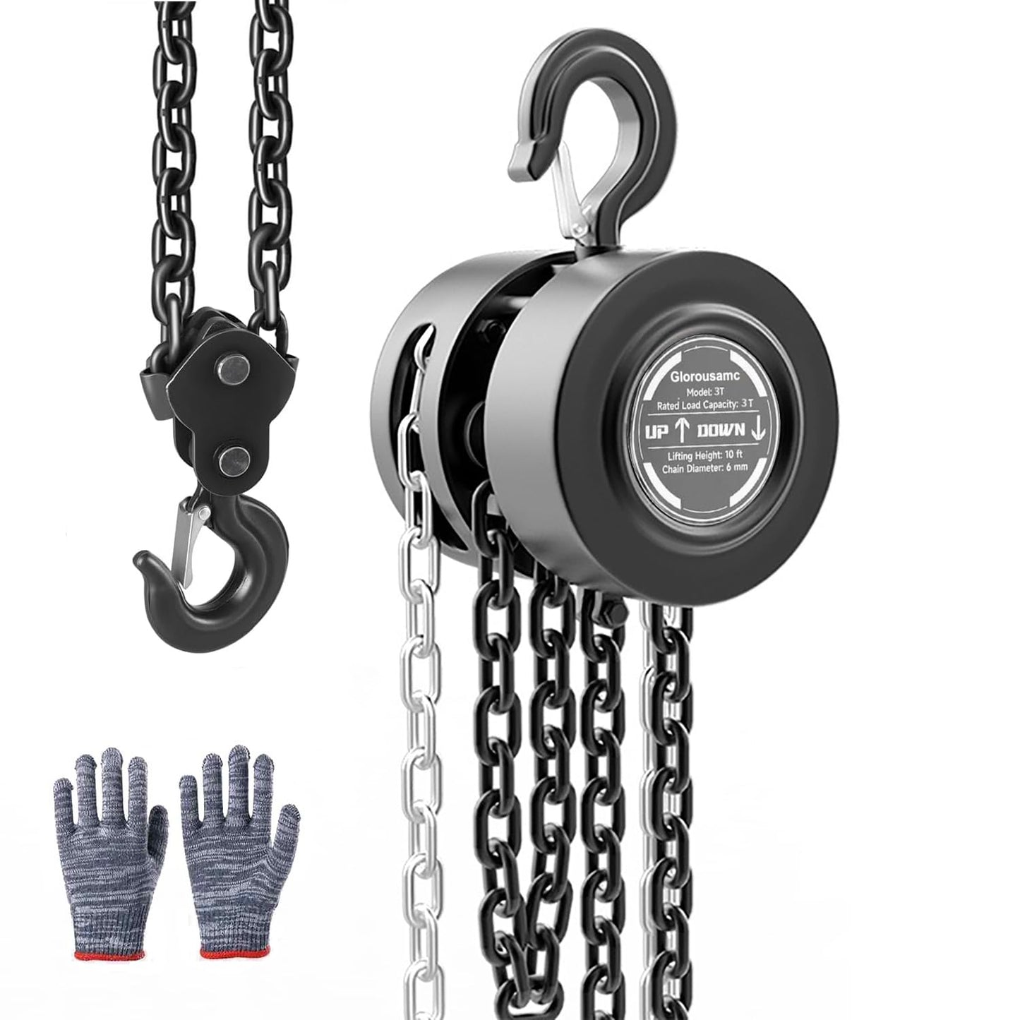 Hand Chain Hoist 3 Ton 6600 Lbs Capacity 10 Feet with 2 Heavy Duty Hooks, Manual Chain Fall for Warehouse Building Automotive Machinery Black (Black, 3T) (Black, 3T-3M)