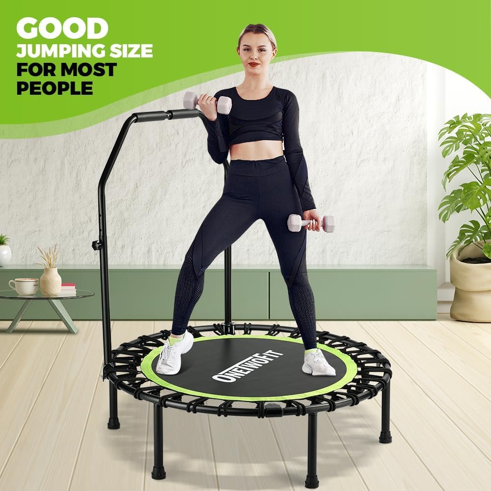 ONETWOFIT Foldable Rebounder Trampoline for Adults, 40/42/45” Mini Fitness Trampoline W/Adjustable Foam Handle Bungees, Quiet Exercise Trampoline for Personal Indoor Workout (45IN-with Handle)