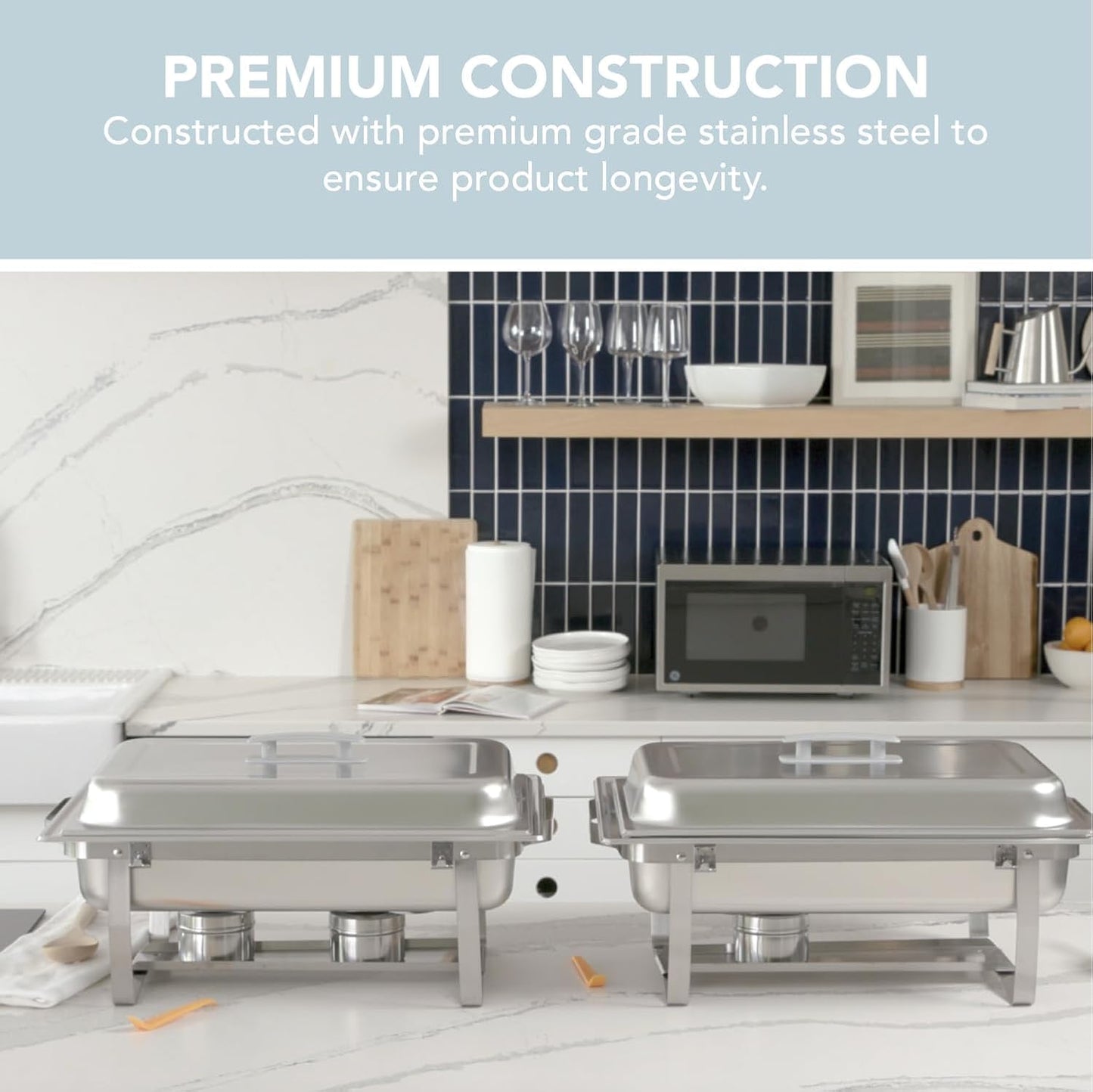 Alpha Living 4 Pack Chafing Dish Full Set – Stainless Steel Catering Chafer with Lids, Pans & Fuel Holders – Buffet Food Warmers for Parties, Events & Weddings (Rolled Edges)