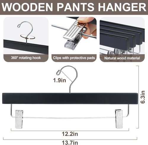 BAGAIL 20 Pack Wooden Pants Hangers - Adjustable Clips & 360° Swivel Hook for Space Saving (Black)