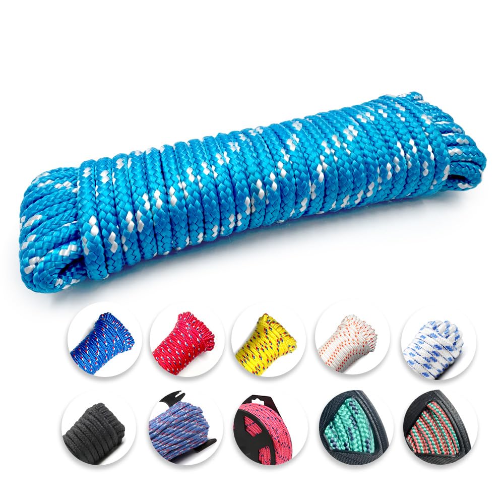 Diamond Braided Polypropylene Rope, 16-Strand Lightweight Floating Utility Rope for Camping, Marine, Flag Pole, Indoor and Outdoor Use (Blue/White, 1/4in X 35FT)