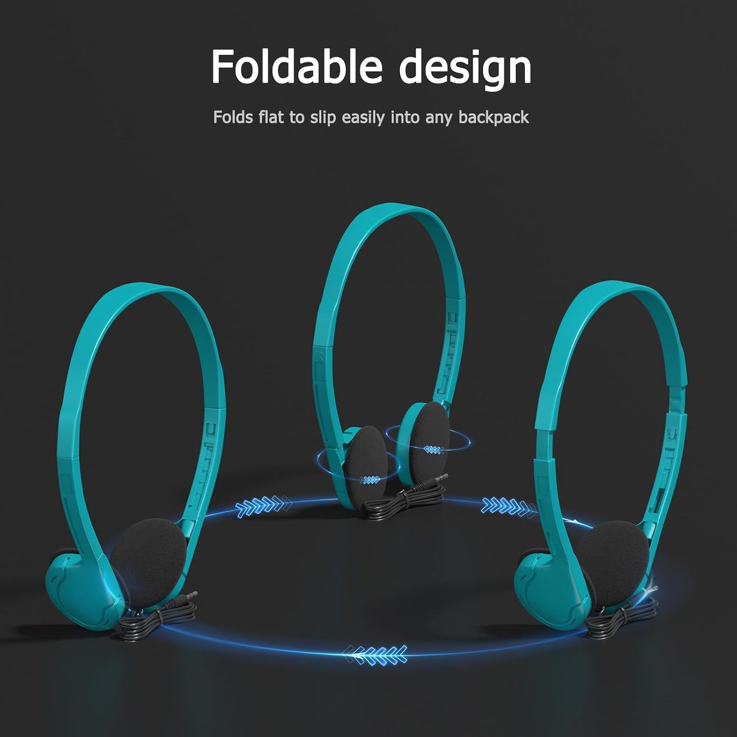 3 Pack 3.5mm 4ft 3 Bulk Headphones for School, Classroom, Students - On Ear with Jack, Tangle Free Cable, Colors