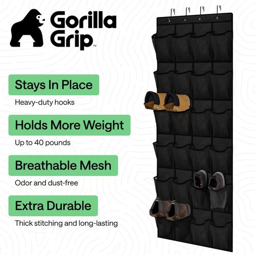 GORILLA GRIP Over The Door Shoe Organizer - 24 Extra Large Breathable Mesh Pockets | Space-Saving Black Storage Solution