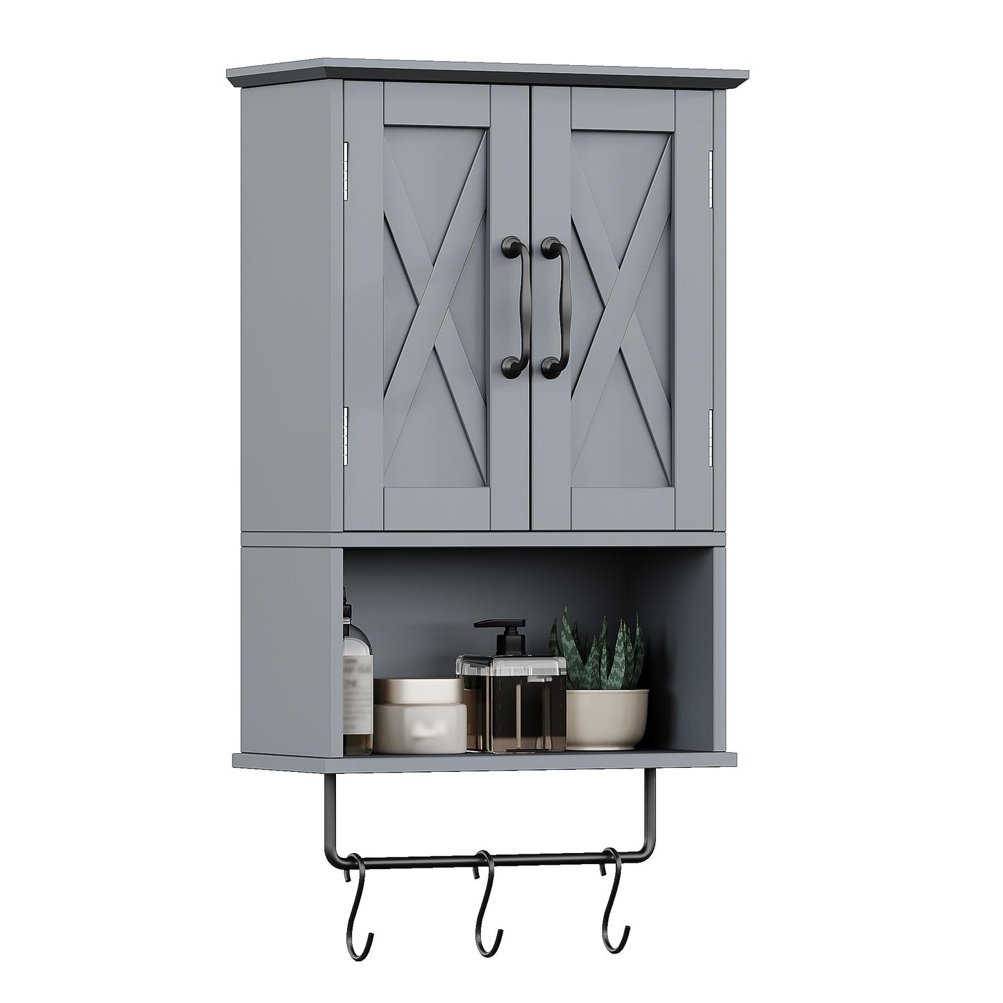 ChooChoo Farmhouse Medicine Cabinet, Bathroom Wall Cabinet with Adjustable Shelf, Towel Bar, 3 Hooks, Over The Toilet Storage Cabinet for Bathroom, Kitchen, Grey
