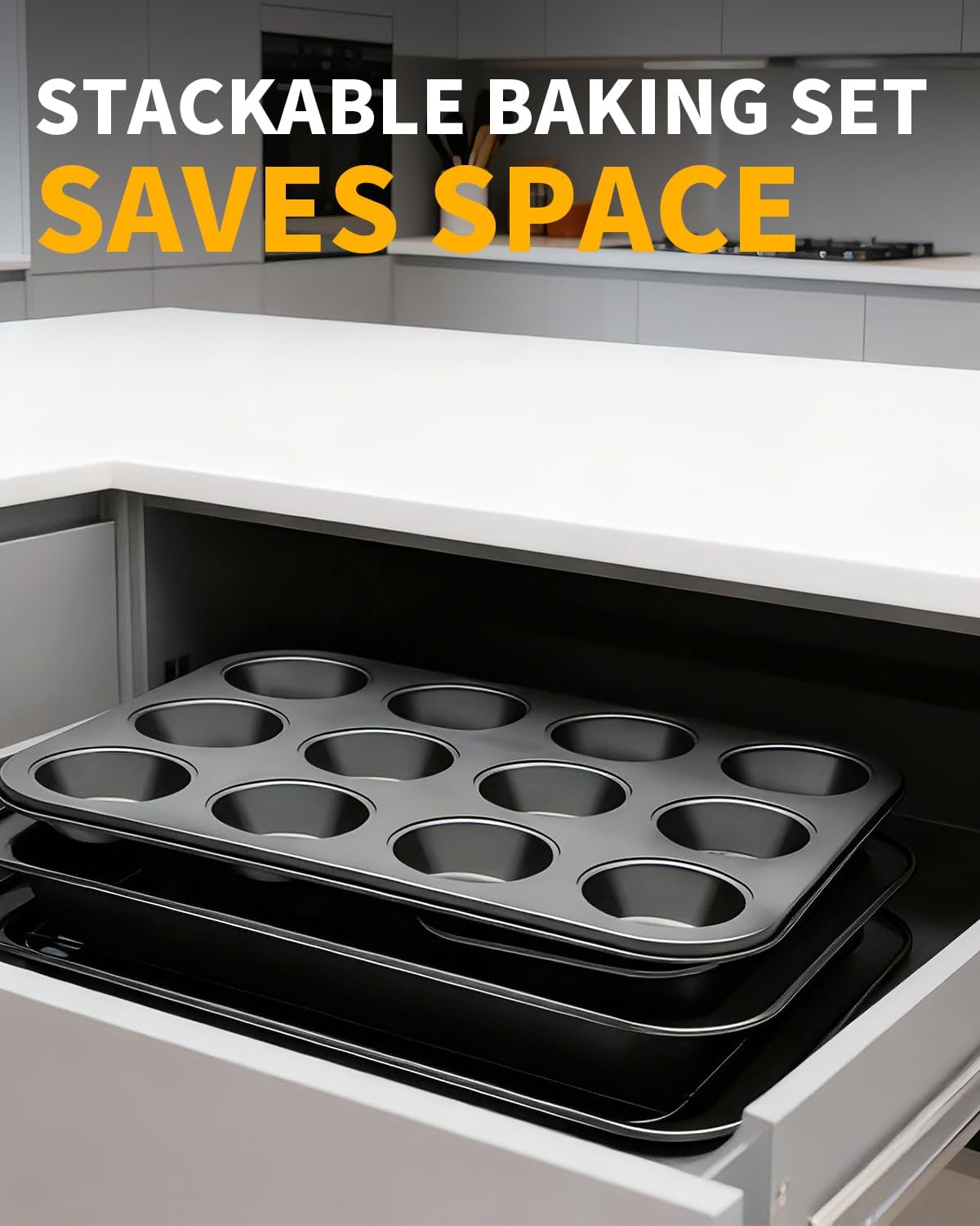 Skiennix Nonstick Baking Pans Set - 19 PCS Stackable Bakeware with Cookie Sheets, Cake Pans & Muffin Cups